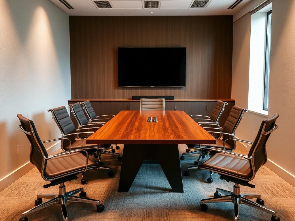 Conference room with meeting table and screen at a Clayton County, Georgia office building
